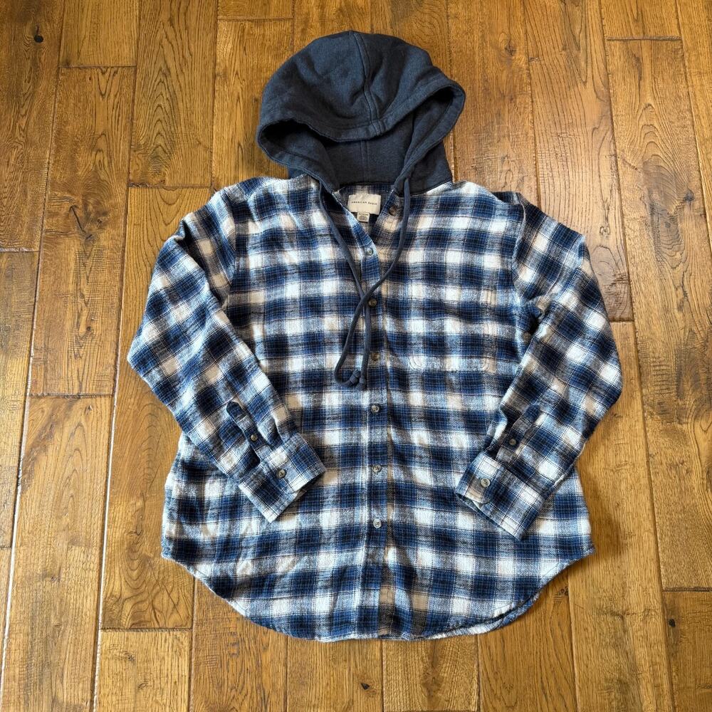 Lot of 2 American Eagle Plaid Oversized Flannel Hoodie Button Up Shirt Sz XS/S - Picture 2 of 9